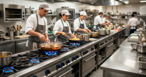 Chefes de cozinha profissional usando fogões industriais com queimadores de gás GLP acesos.