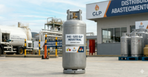 Um cilindro de gás GLP modelo P45 em destaque, na cor prata, posicionado em um pátio logístico industrial com outros recipientes ao fundo.