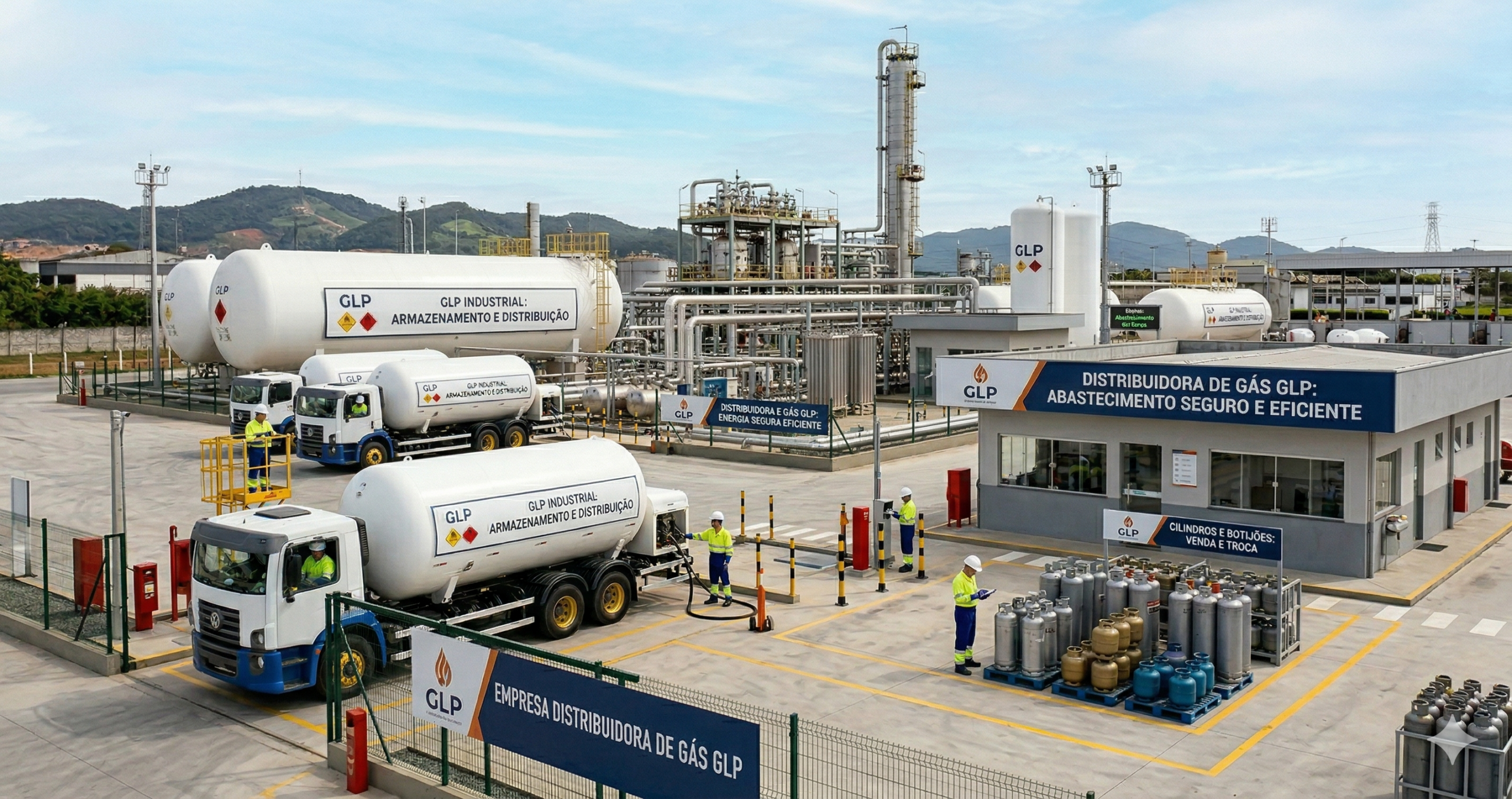 Vista do pátio de uma distribuidora de gás GLP com caminhões-tanque para abastecimento a granel, central de armazenamento e área de organização de cilindros de gás.
