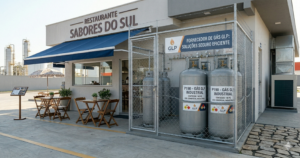 Área externa de um restaurante com duas unidades de cilindros de gás P190 instaladas dentro de uma grade de proteção metálica, próxima à área de mesas.