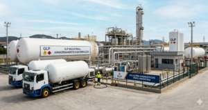 Instalação industrial de GLP com tanques estacionários brancos, caminhão de abastecimento e tubulações metálicas, representando eficiência energética para indústrias.