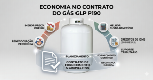 Infográfico sobre economia no contrato de gás GLP P190 mostrando benefícios como menor preço por kg, créditos de ICMS e segurança jurídica para empresas e indústrias.